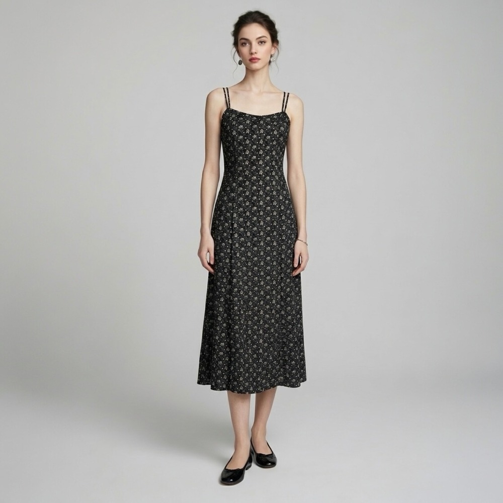 Vintage All That Jazz Black Floral Midi Dress XS 90s Grunge Prairie Strappy